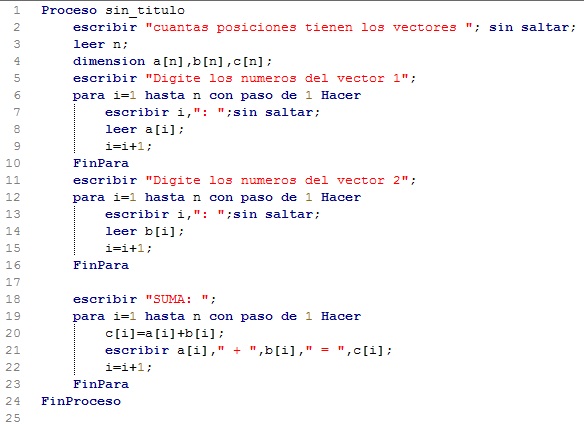 Algoritmo que carga 2 vectores de N posiciones, calcula la suma de los datos respectivos almacenados en los 2 vectores en un tercer vector y muestra los datos del vector resultante